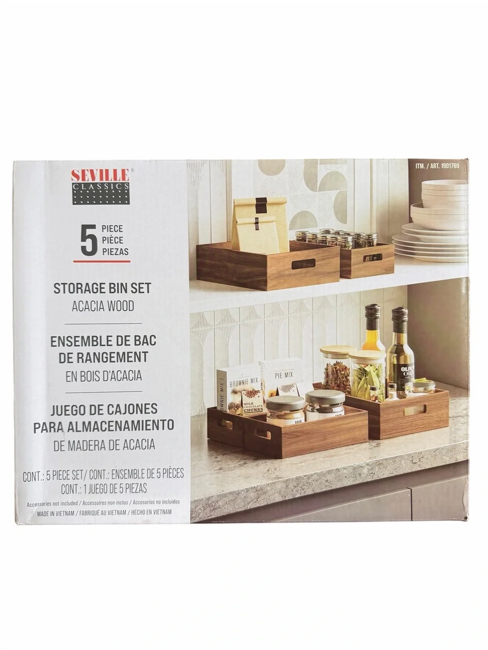 Seville Classics Acacia Wood Storage Bin Set - 5 Piece Pantry Organization